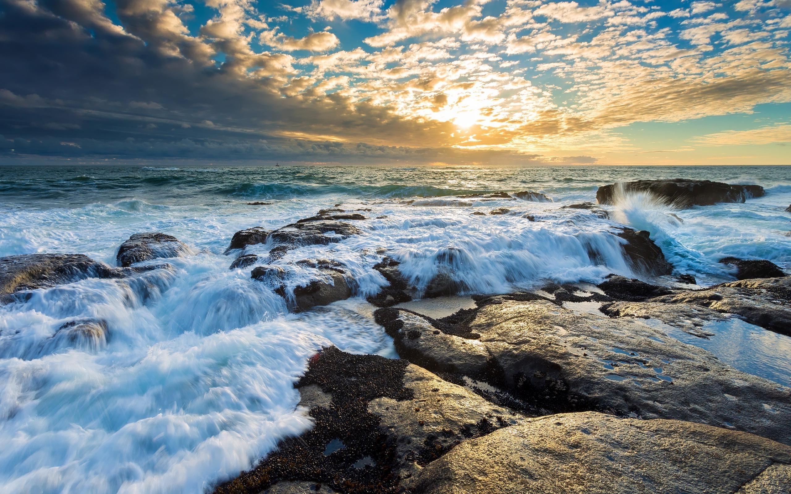 nature, Waves, Sea, Clouds, Rock, Water Wallpaper
