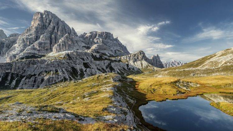 mountain, Nature, Reflection, Clouds, Grass HD Wallpaper Desktop Background