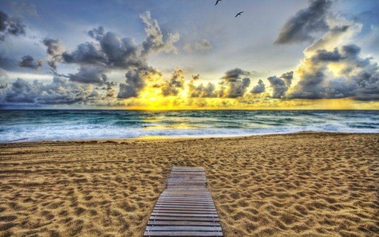 nature, Beach, Sunset, Waves, Sea, Clouds HD Wallpaper Desktop Background
