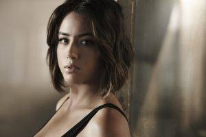women, Actress, Brunette, Long Hair, Chloe Bennet, Open Mouth, Looking At Viewer, Tank Top, Bare Shoulders, Depth Of Field, Brown Eyes, Face, Agents Of S.H.I.E.L.D.