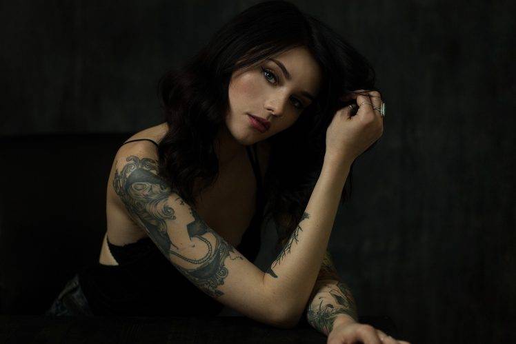 women, Simple Background, Tattoo, Black Clothes, Face, Portrait HD Wallpaper Desktop Background