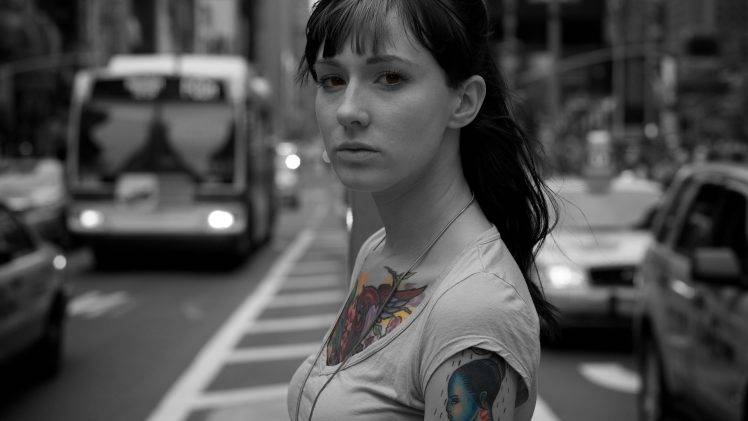 urban, City, Selective Coloring, Tattoo, Women, Model, Car HD Wallpaper Desktop Background