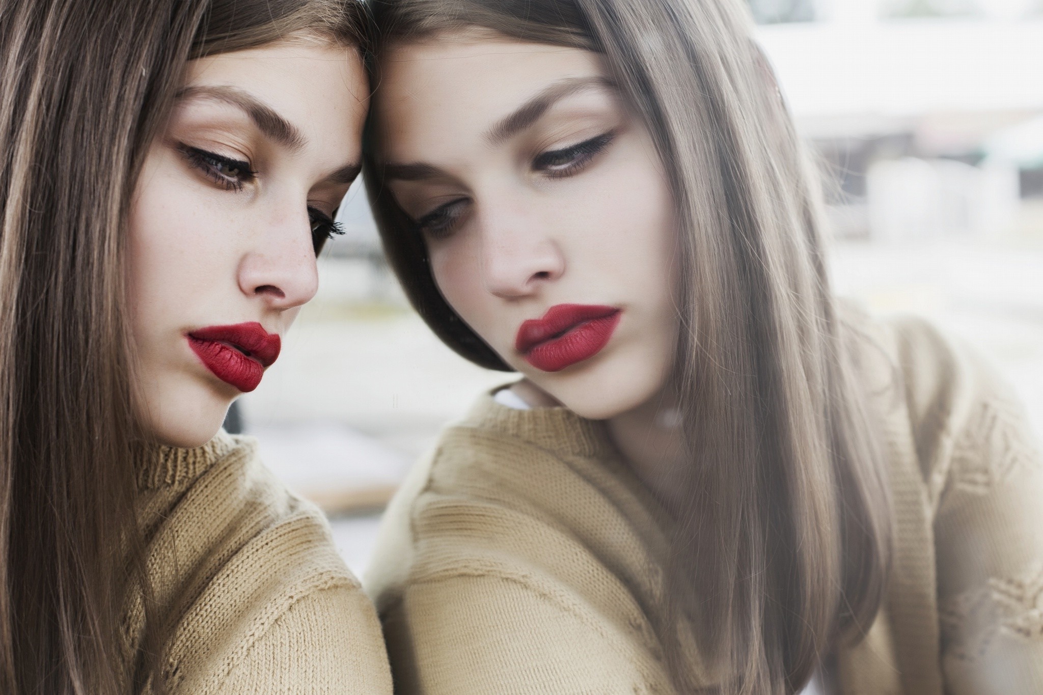 women, Red Lipstick, Mirrored, Model Wallpaper