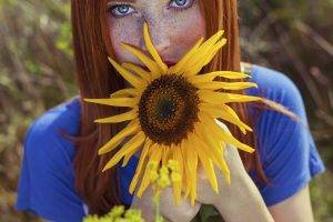 women, Blue Eyes, Redhead, Sunflowers, Freckles