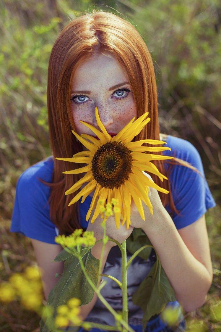 women, Blue Eyes, Redhead, Sunflowers, Freckles HD Wallpaper Desktop Background