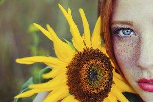 women, Redhead, Blue Eyes, Freckles, Sunflowers