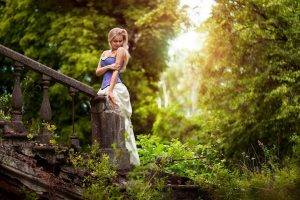 women, Model, Blonde, Long Hair, Women Outdoors, Nature, Dress, Looking Down, Bare Shoulders, Trees, Forest, Stairs, Ruins, Big Boobs