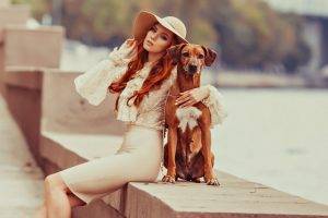 women, Model, Redhead, Long Hair, Women Outdoors, Hat, Open Mouth, Looking At Viewer, Animals, Dog, Street, Blouses, Skirt, Sitting, Depth Of Field