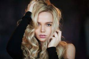 women, Blonde, Blue Eyes, Face, Hands In Hair, Maxim Maksimov