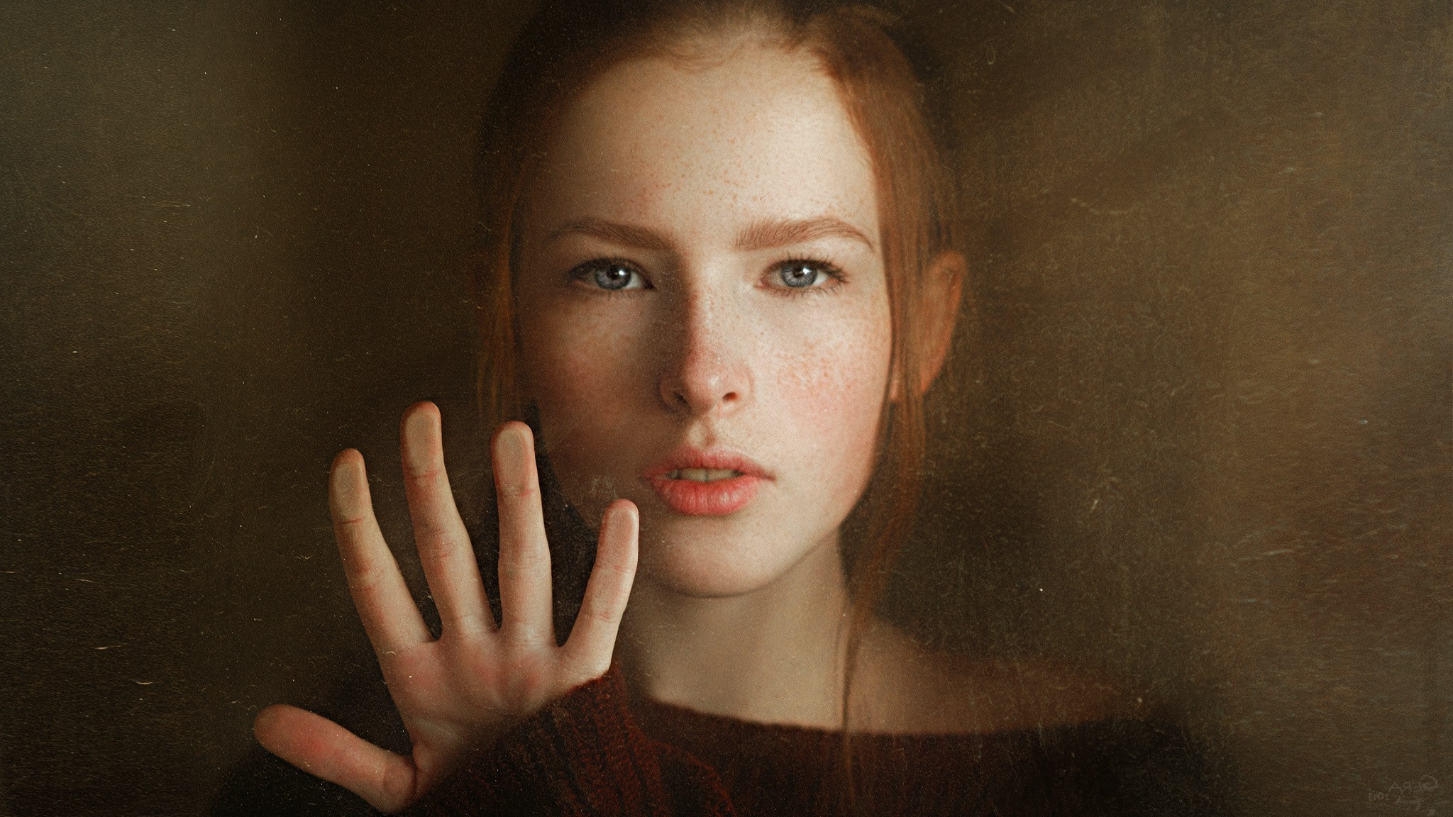 women, Georgiy Chernyadyev, Redhead, Blue Eyes, Face, Sweater, Hand Wallpaper