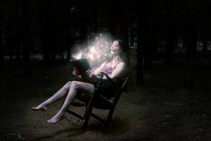women, Model, Brunette, Long Hair, Sitting, Barefoot, Women Outdoors, Reading, Books, Dark, Trees, Forest, Legs, Bare Shoulders, Open Mouth, Glowing, Fairy Tale, Chair, Photo Manipulation, Magic