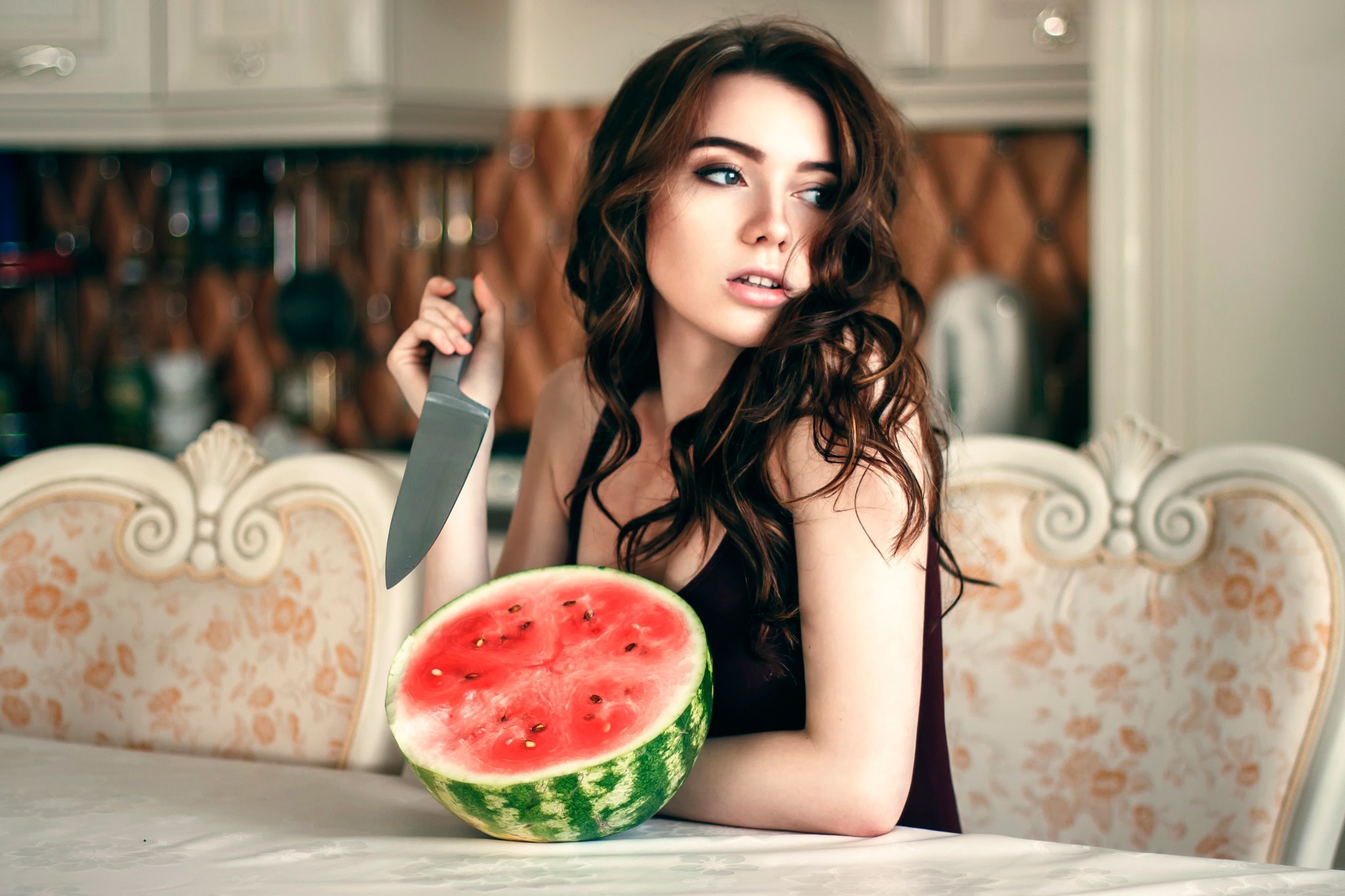 women, Watermelons Wallpaper