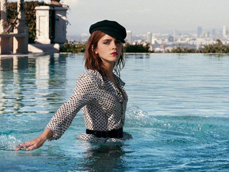 Emma Watson, Actress, Brunette, Women, Hat, Swimming Pool HD Wallpaper Desktop Background