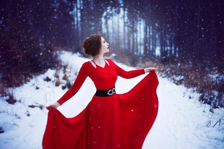 snow, Red, Women, Dress HD Wallpaper Desktop Background