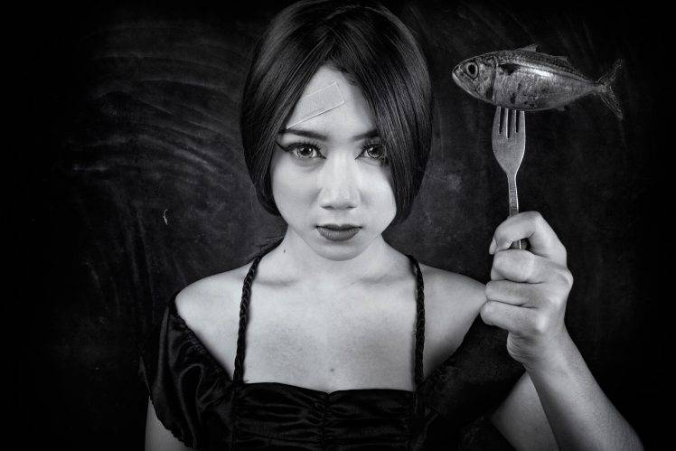fish, Asian, Women, Monochrome, Model HD Wallpaper Desktop Background