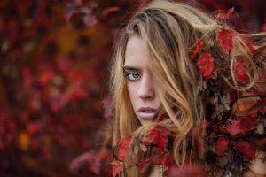 women, Model, Blonde, Long Hair, Women Outdoors, Looking At Viewer, Face, Portrait, Blue Eyes, Nature, Fall, Leaves, Open Mouth, Depth Of Field, Hair In Face, Branch