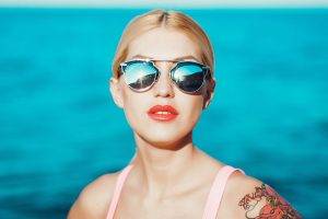 red Lipstick, Sunglasses, Blonde, Blue, Red, White