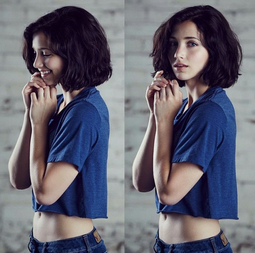Emily Rudd, Women, Model, Brunette, Blue Eyes, Skinny, Crop Top, Short Hair, Jeans, Looking At Viewer, Smiling, Blue, Depth Of Field, Arms On Chest Wallpaper