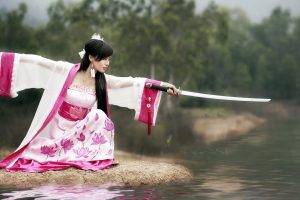 Asian, Sword, Women, Katana, Kimono, Lotus Flowers, Pink