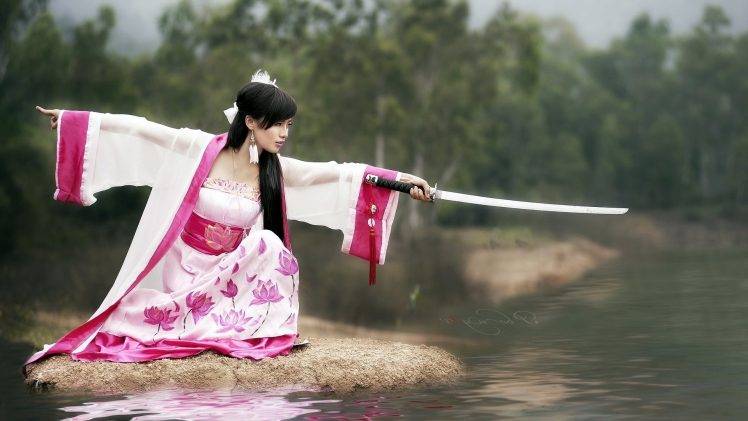 Asian, Sword, Women, Katana, Kimono, Lotus Flowers, Pink HD Wallpaper Desktop Background