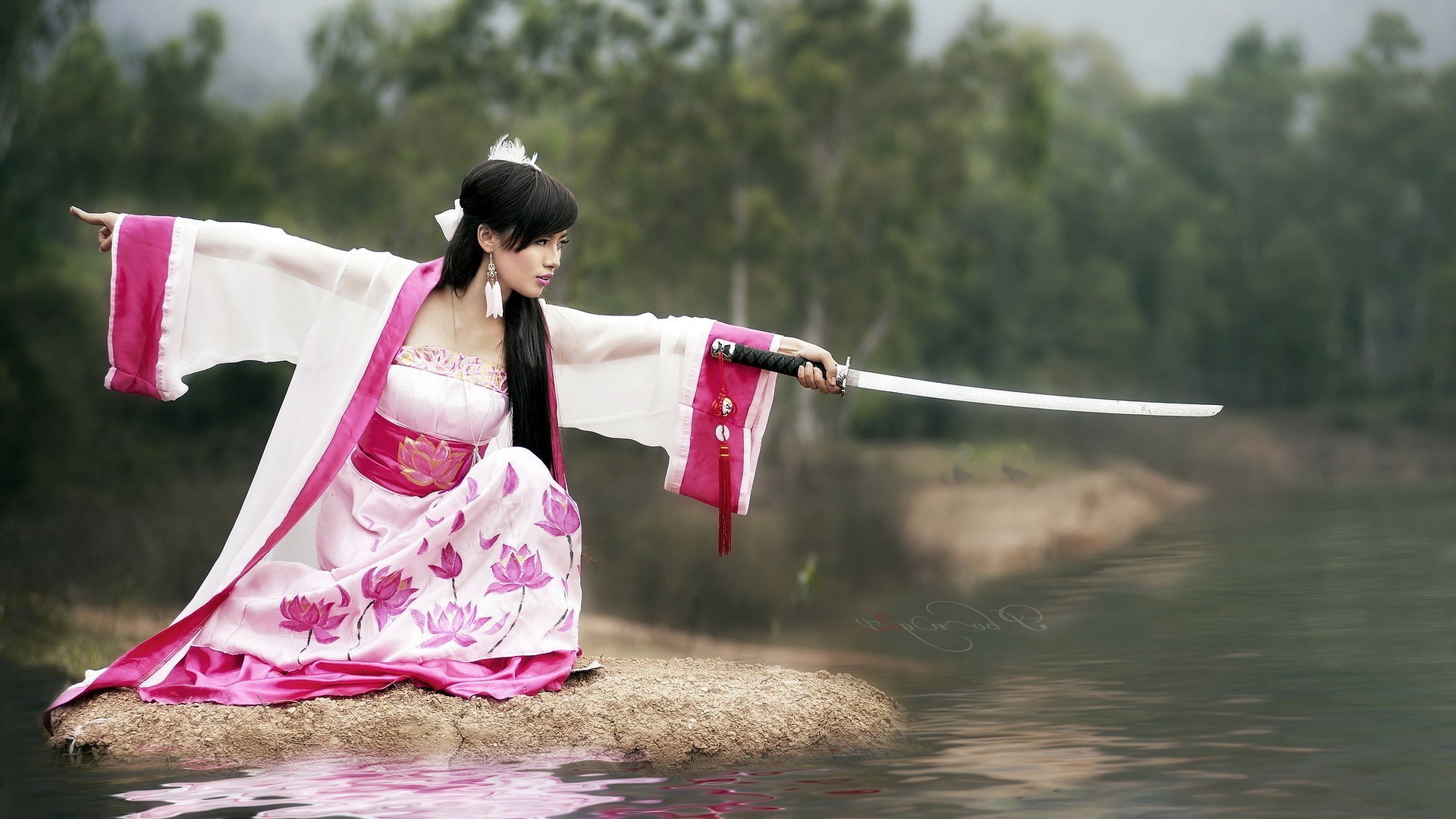 Asian, Sword, Women, Katana, Kimono, Lotus Flowers, Pink Wallpaper