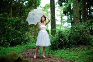 Asian, Women, Women Outdoors, White Dress, Umbrella