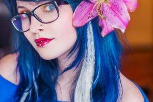 face, Blue Hair, Glasses, Women, Piercing, Lipstick