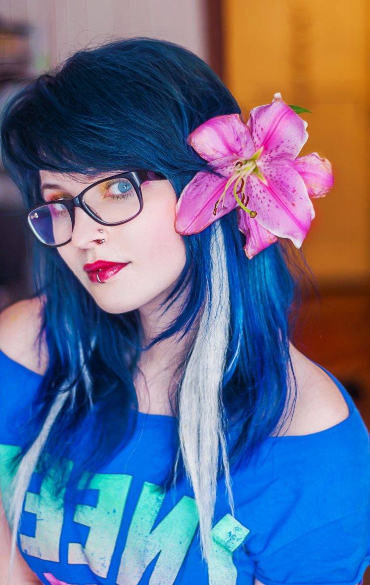 face, Blue Hair, Glasses, Women, Piercing, Lipstick HD Wallpaper Desktop Background