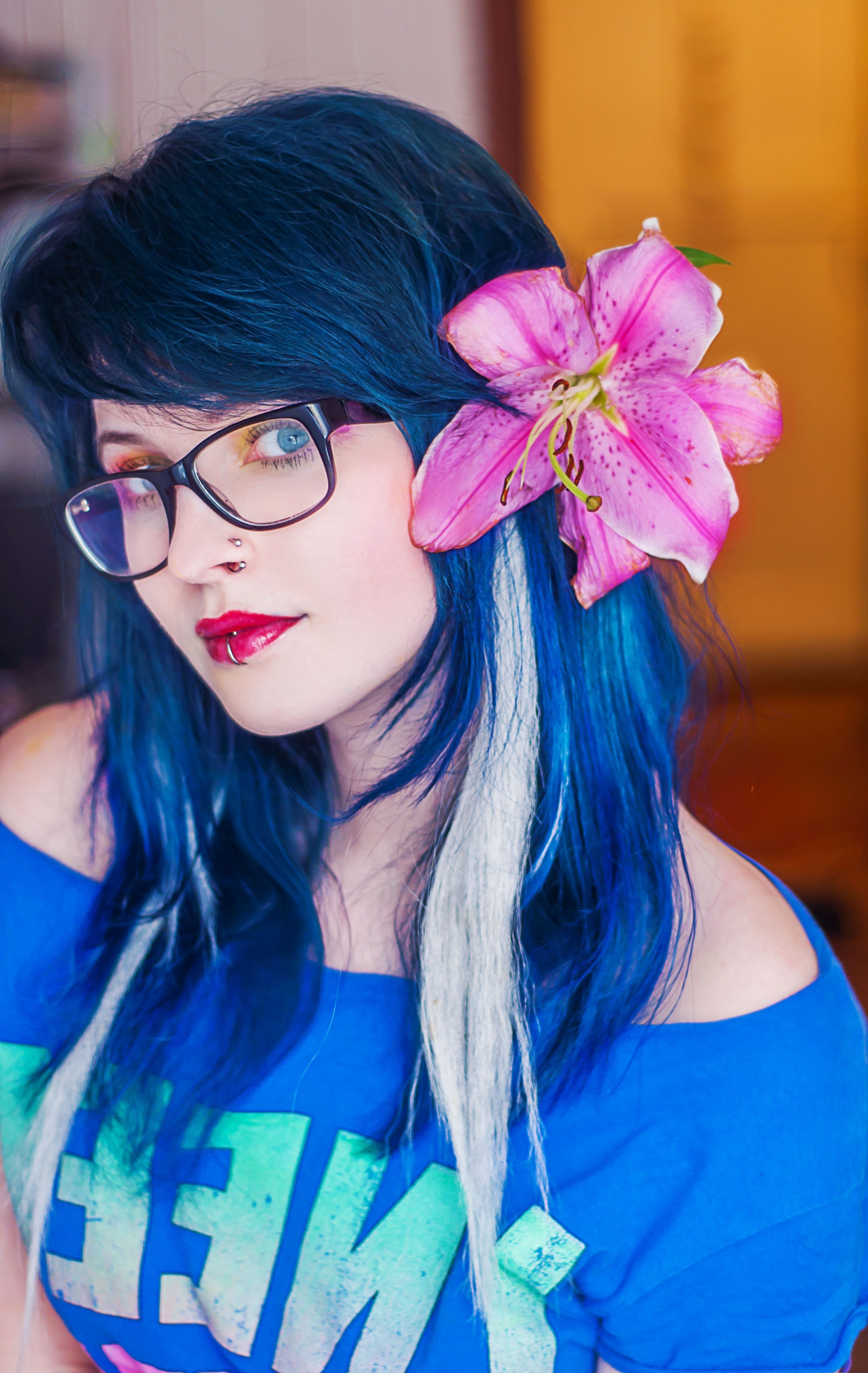 face, Blue Hair, Glasses, Women, Piercing, Lipstick Wallpaper