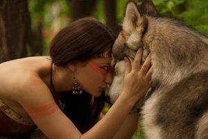 nature, Women, Wolf, Brunette, Indian, Forest