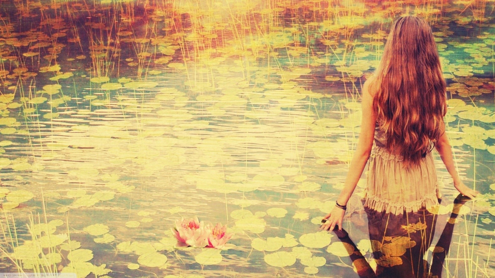 lake, Water Lilies, Women Wallpaper