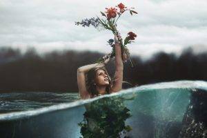 rose, Flowers, Water, Underwater, Split View, Women, Boobs