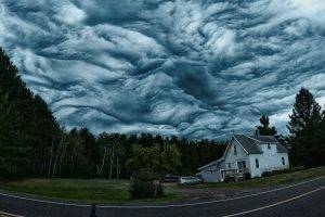 nature, Clouds, House, Road, Trees, Forest, Fisheye Lens