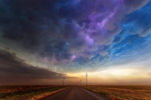 road, Nature, Clouds, Lightning
