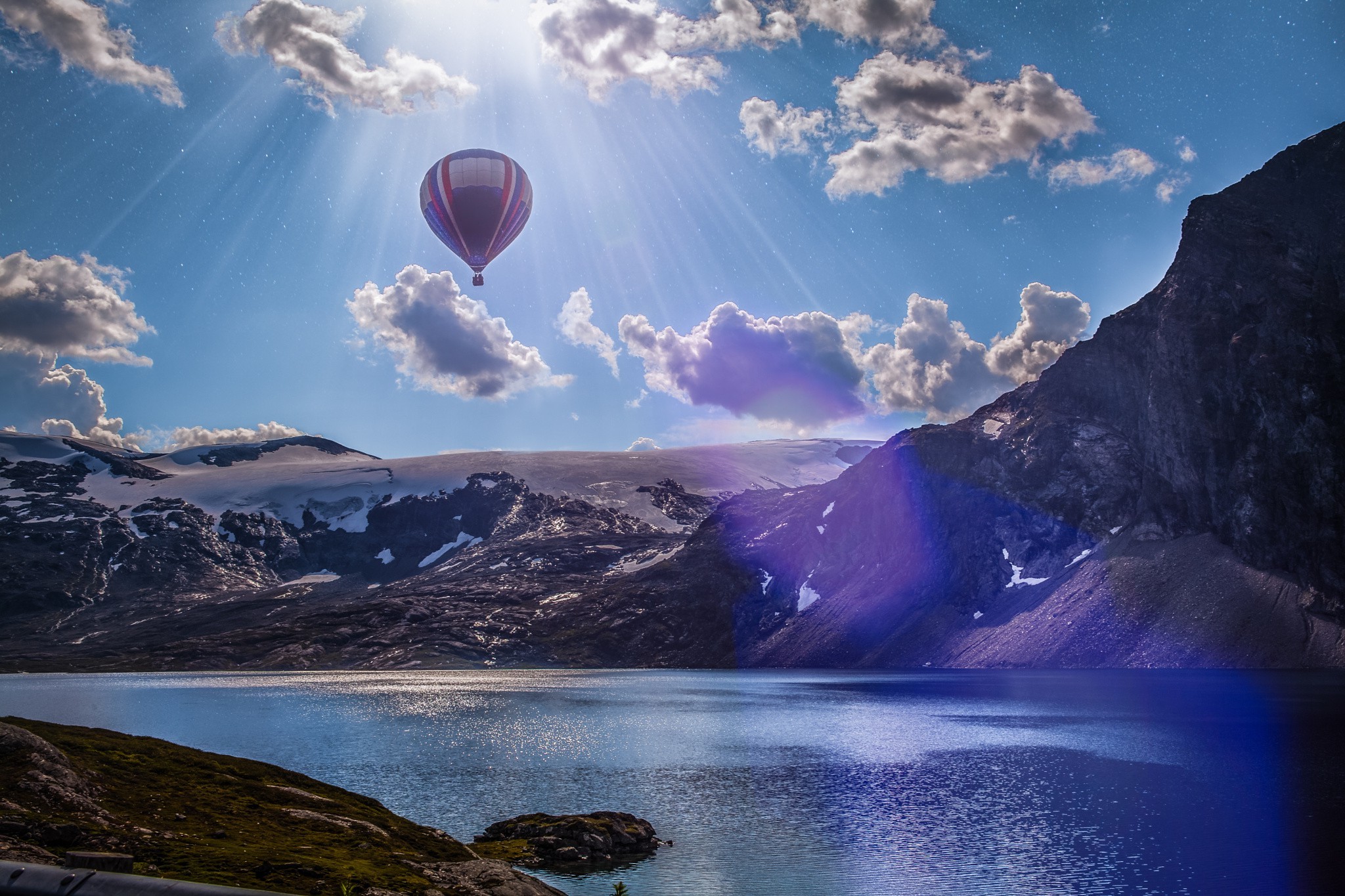 Sun, Nature, River, Mountain, Clouds, Snow, Hot Air Balloons Wallpaper