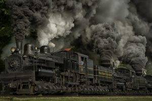 train, Steam Locomotive, Dust, Railway, Wheels, Maryland, USA, Nature, Trees, Grass, Smoke