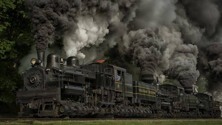 train, Steam Locomotive, Dust, Railway, Wheels, Maryland, USA, Nature, Trees, Grass, Smoke HD Wallpaper Desktop Background