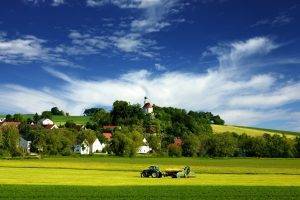 nature, Trees, Field, Tractors, Countries, Villages, House, Church, Forest, Hill