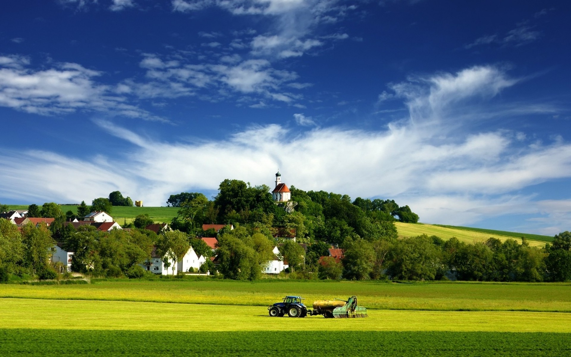 nature, Trees, Field, Tractors, Countries, Villages, House, Church, Forest, Hill Wallpaper