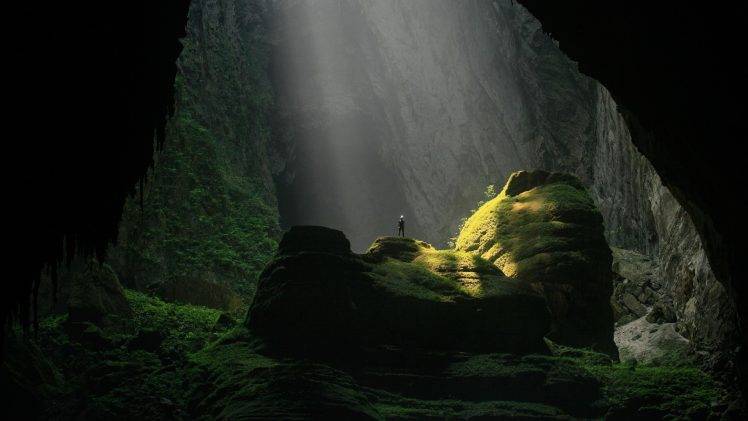 nature, Trees, Cave, Men, Rock, Sunlight HD Wallpaper Desktop Background