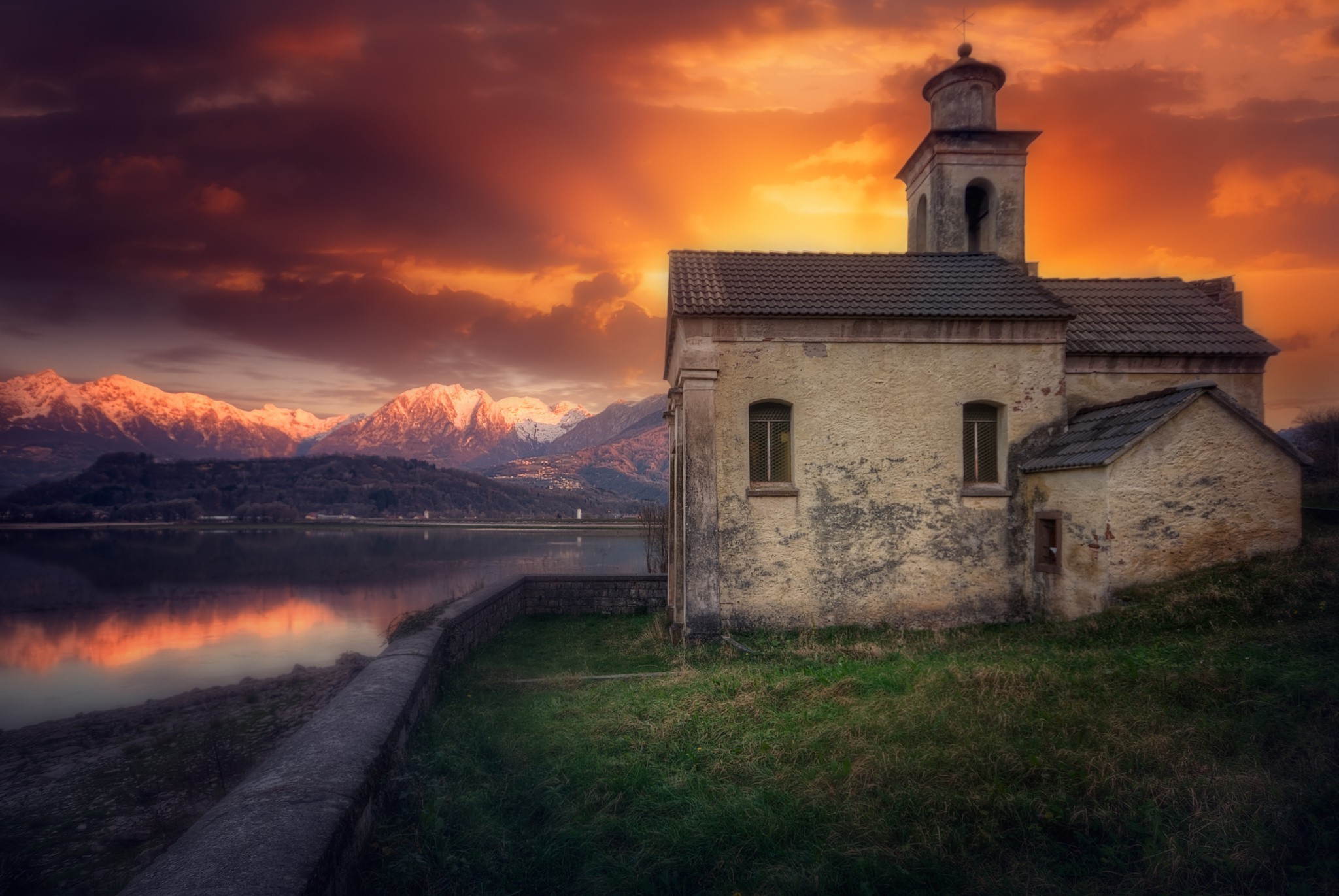 house, Nature, Grass, River, Mountain, Sun Wallpaper