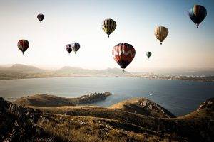 nature, Mountain, Hot Air Balloons, Sea, River