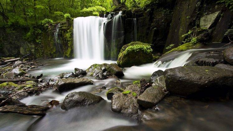 nature, Waterfall, River, Forest, Rock, Long Exposure HD Wallpaper Desktop Background
