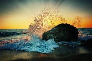 waves, Nature, Rock, Sun Rays, Photography, Sunset, Water