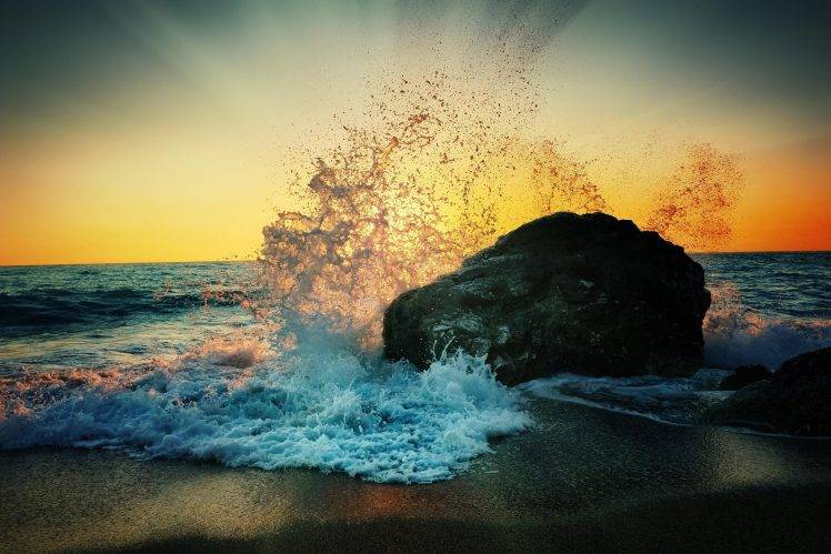 waves, Nature, Rock, Sun Rays, Photography, Sunset, Water HD Wallpaper Desktop Background