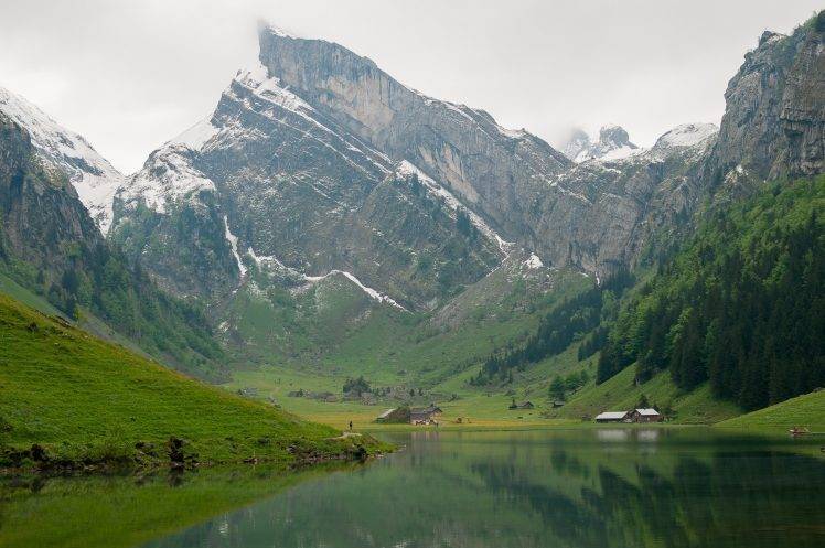 Switzerland, Mountain, Rock Formation, Valley, River, Trees, Snowy Peak HD Wallpaper Desktop Background