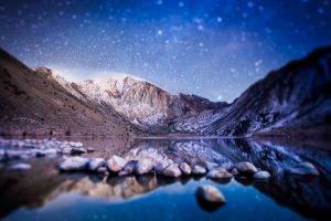 stars, Mountain, Valley, Lake, Tilt Shift, Rock, Water, Reflection, Snow