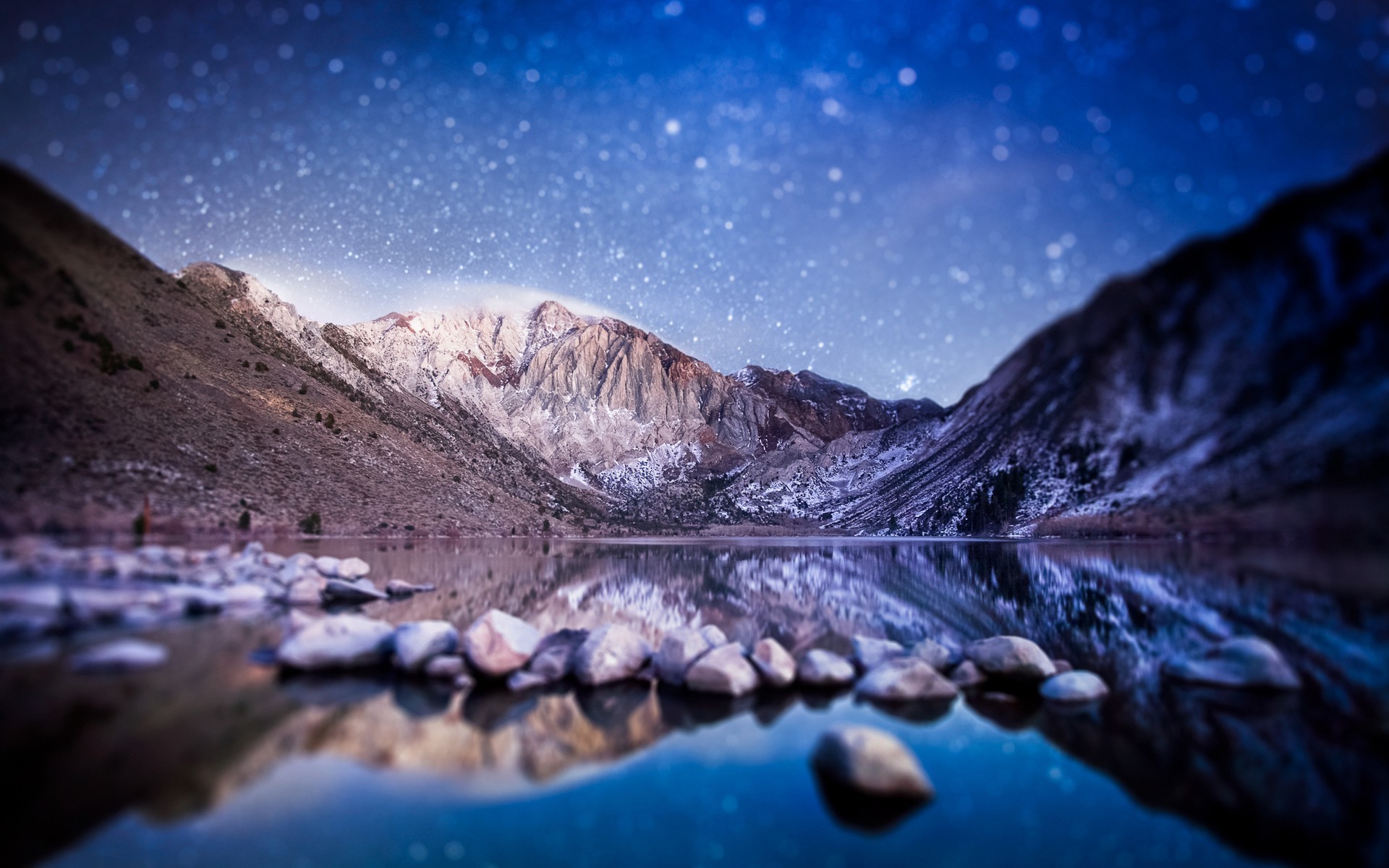 stars, Mountain, Valley, Lake, Tilt Shift, Rock, Water, Reflection, Snow Wallpaper