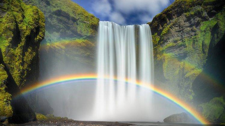 nature, Waterfall, Rainbows, Moss, Long Exposure, Iceland, Clouds, Rock, Water, Stones HD Wallpaper Desktop Background