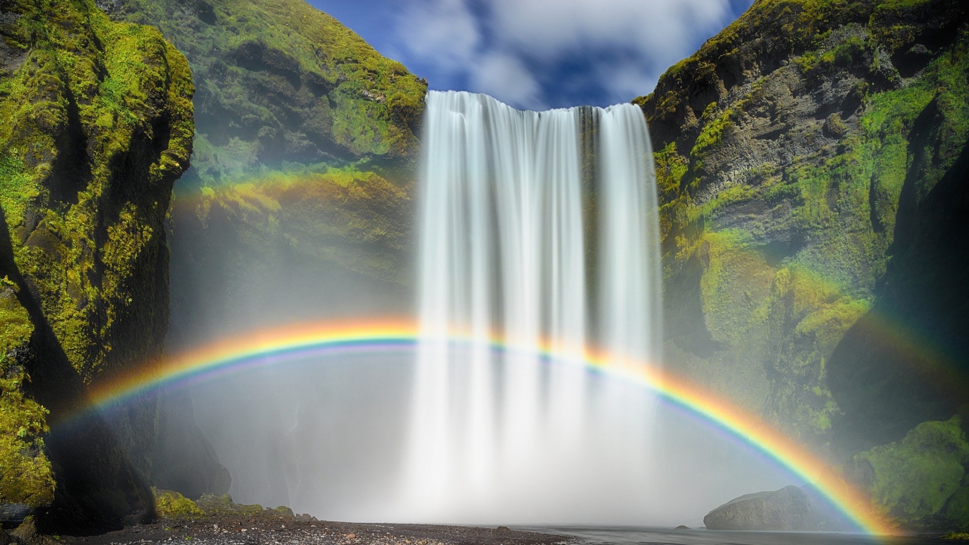 nature, Waterfall, Rainbows, Moss, Long Exposure, Iceland, Clouds, Rock, Water, Stones Wallpaper